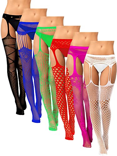 Syhood 6 Pairs Women Fishnet Suspender Stockings Thigh High Garter Stockings Lace Tights Pantyhose for Women Halloween Costumes(Bright Color)