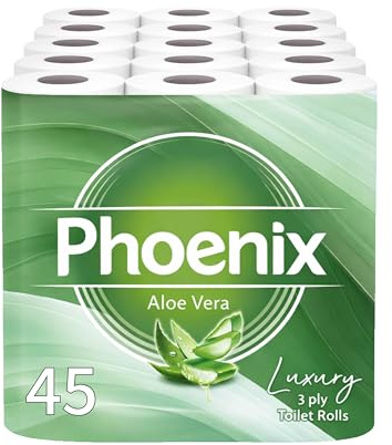Phoenix Toilet Rolls – 45 Pack | 3 Ply Aloe Vera Scented Toilet Paper | Bulk Buy, Soft, Quilted, Sustainably Sourced, Eco- Friendly Luxury Bathroom Tissue