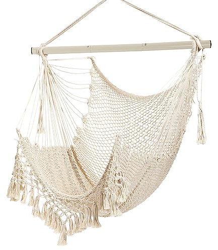 Hammock Chair，Max 150kg, Large Hanging Chair, Soft Cotton Rope Swing Chair With High Load-Bearing Metal Rod,Indoor Outdoor Garden Yard Living Room…