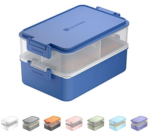 linoroso Stackable 2-Tier Adult Bento Box, 4 Compartments - Classic Blue | leakproof sauce cups, utensil set included, microwave & dishwasher safe, 7 colors available, ideal for work/school/picnic