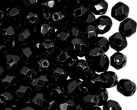 300 Stück Tschechische Facettierten Glasperlen Fire-Polished Rund 6 mm, Jet Schwarz