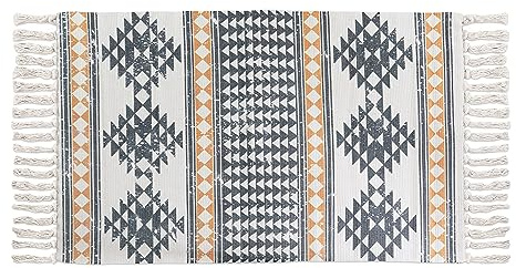 Quantum Interior by Maxland Teppich mit Quasten ca. 60 x 110cm, Vintage Teppich mit Fransen Boho-Stil geometrisch Bedruckte Teppiche Läufer- für Flur Badezimmer Wohnzimmer Schlafzimmer (Muster Senf)