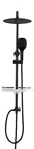 Görbach Regendusche Duschsystem ohne Armatur, Edelstahl Duschset mit Verstellbarer Duschstange, Kopfbrause 20 cm, XXL Duschablage Schwarz