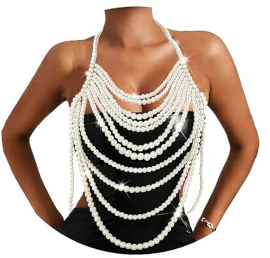 Florry Pearl Body Chain Shoulder Necklace - Pearl Top Body Jewelry for Women Fashion Bra Chains for Wedding Party, One Size
