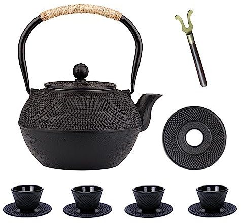 YJX Set di teiera in ghisa da 1200 ml, set da tè giapponese Tetsubin con tazze da tè in ghisa, piccolo bollitore da tè con colino per tè sfuso, interno smaltato (servizio da tè da 1200 ml con tazze e