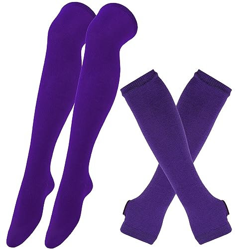 Wambere 1 Paar Fingerlose Handschuhe + 1 Paar Weihnachtssocken,Overknee Strümpfe Fingerlose Handschuhe Hülsen Set für Damen Mädchen,für Halloween Kostüme, Cosplay, Bühnenperformance,Lila