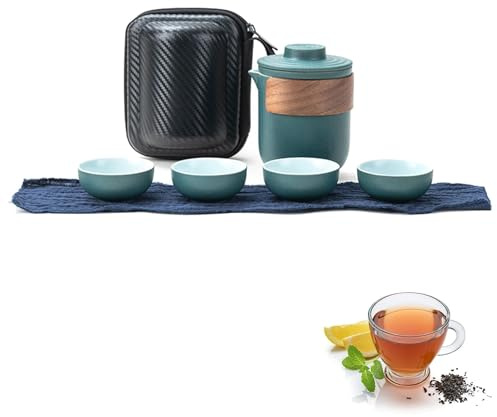 Mini Ensemble de Théière de Voyage en Céramique, Théière Chinoise Kung Fu Service à Thé de Voyage Portable Anti-brûlure Avec Infuseur à Thé Service à Thé Avec Sac Portable (Vert-4 Tasses)