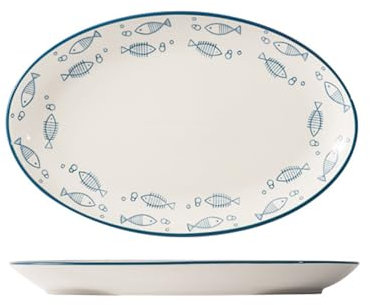 MoRfiL Fischteller Keramik Oval Servierteller 12,5 Zoll Servierplatte Porzellan Wurstteller Fisch Teller Tablett Servierschale,Blau