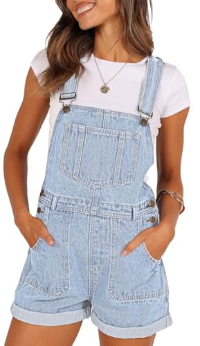 Pink Queen Women's Casual Loose Bib Short Jean Overall Outfits Relaxed Fit Empire Waist Shortalls Workwear with Adjustable Straps and Convenient Tool Pockets Light Blue L