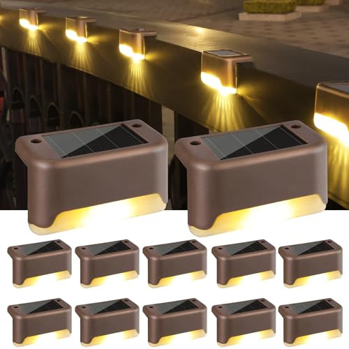 PhilzOps Luci Solari per Esterni, 12 Pezzi Luce Solare Scale Impermeabile Lampade Solari da Giardino Illuminazione per Scala Gradini Recinzioni Cortile Vialetto Patio Decorazione, Bianco Caldo