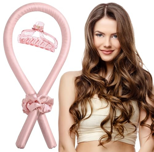 CREATISMO Ensemble de bandeaux en soie rose sans chaleur (1 tige, 2 chouchous et 1 pince) – Rouleau ondulé sans chaleur pour cheveux courts pour bigoudis de nuit sans chaleur pendant la nuit