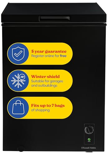 Russell Hobbs Black Chest Freezer 143L Freestanding with 5 Year Warranty, Adjustable Thermostat, Chill or Freeze Function, 4 Star Freezer Rating & Suitable for Outbuildings & Garages RH142CF0E1B