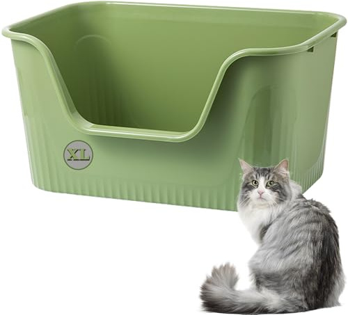 Vealind Extra Large Cat Litter Trays with High Sides and Low Entry Cat Litter Box High Back 64 x 45 x 33 CM, 100% Leak Proof Anti Splash Cats Litter Box XL (Green)