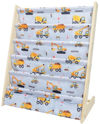 wooshwa Bücherregal Kinder für Kinderzimmer Kinderregal Regal kleines Bücherregal mit 5 Regale & 3 Tasche, Aufbewahrungsregal Bücher-Organizer aus Kiefer und Oxford-Stoff (Bagger Lastkraftwagen)