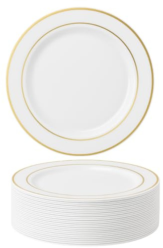 MATANA 100 Premium Weiße Plastikteller mit Goldrand, Mehrweg Kunststoffteller, 26cm - Partyteller Gold für Hochzeiten, Geburtstage, Partys - Elegantes & Stabiles Partygeschirr