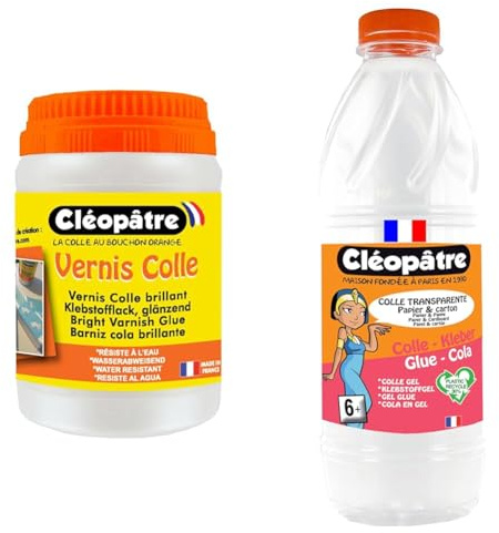CLEOPATRE- Vernis Colle Transparent brillant, séchage rapide- Sans solvant - Pot de 250 g & CLEOPATRE- Colle transparente - Flacon de recharge au format de 1 kg