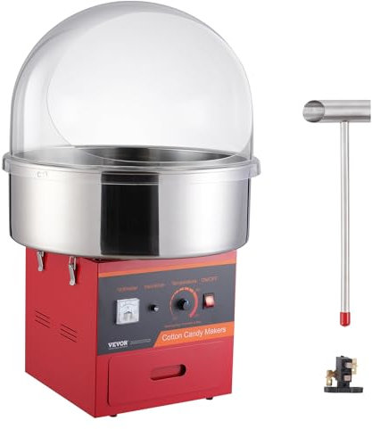 VEVOR Machine à Barbe à Papa Électrique 1000 W, Appareil à Barbe à Papa Commercial avec Couvercle Rouge, Bol en Acier Inoxydable, Cuillère à Sucre, Tiroir, pour Faire Bonbons Fête Anniversaire