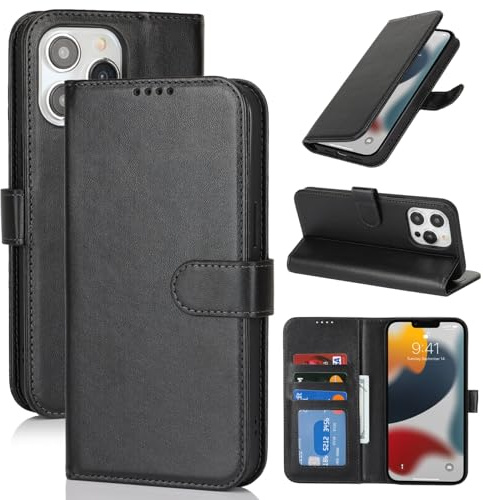 Zouzt Hülle für iPhone 13 Pro (6,1), Premium PU Leder, Schwarz | Handyhülle mit Kartenfächern, Magnet Klapp Schutzhülle, Stoßfeste TPU-Innenhülle, Frauen Männer, Leather Wallet Phone Case