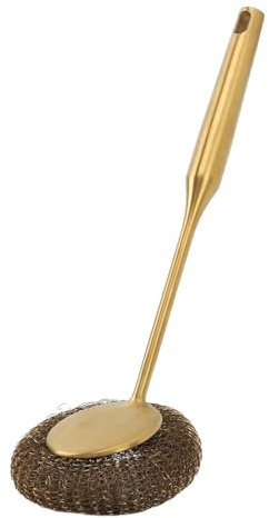 Sunicon Long handle steel wool brush, deep cleaning proof stainless steel dishwashing brush, can handle some stubborn, metal sponge for pots, sinks, pans, grills (Gold)