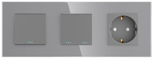 PULSAR Wechselschalter Doppelt/Steckdose Unterputz Glas Grau 3-Fach | Wechselschalter/Serienwechselschalter/Steckdose Unterputz Glas Grau 3-Fach, Lichtschalter Doppelt 10A mit Wandsteckdose 16A