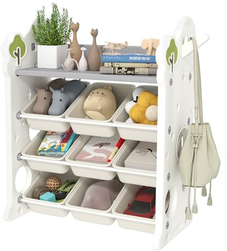 AIYAPLAY Scaffale Portagiochi Bambini a 4 Livelli con 9 Contenitori e Gancio Laterale, Mobile Porta Giocattoli Multiuso in HDPE, per Camera da Letto, Soggiorno e Camera dei Giochi, 77x42x94 cm, Crema