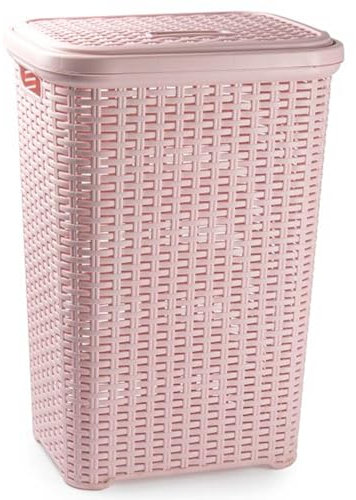 Tradineur - Cesto para Ropa Sucia con Tapa y Asas, pongotodo Rattan de plástico, Cubo para Colada, imitación Mimbre, hogar (Rosa Palo, 60 litros, 61,5 x 42,5 x 34 cm)