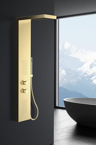 Duschsäule 125x20 cm Gold mit Wasserfall- & Regendusche Edelstahl Duschsystem mit mechanischem Messing-Mischer, Handbrause, ABS Regendusche 5x10 Düsen, 1,5 m Edelstahl-Brauseschlauch