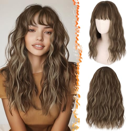 BARSDAR Longitud Media Peluca Marrón con Flequillo, 46cm Ondulada Rizada Highlight Peluca con Flequillo para Mujeres Natuaral Pelo Sintético Resistente al Calor Pelucas de Cabello - Marrón Mix Rubio