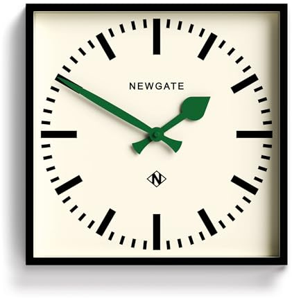 NEWGATE® Number Five wall clock | Square retro inspired modern station clock | 40cm | Black with green hands | Mid-century style for kitchen, living room or office