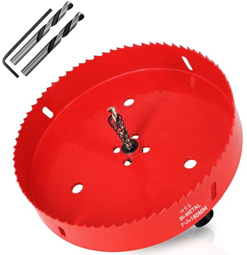 KACNON Scie cloche - 180 mm - Acier rapide universel HSS M42 bi-métal - Scies cloches avec tige hexagonale et foret, tailles complètes, pour bois, plastique, plaques de plâtre, tôle, Rouge