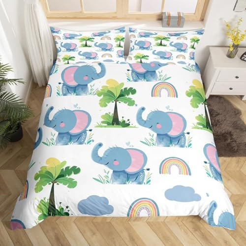 RZPFQB Cartoon-Tiere Kinder Bettwäsche 135x200 Bettwäsche Set für Teens Jungen Mädchen Kinderbettwäsche Elefant Süß Bettbezug Set Karikatur Elefantenbaby Regenbogen Microfaser Bettwäscheset