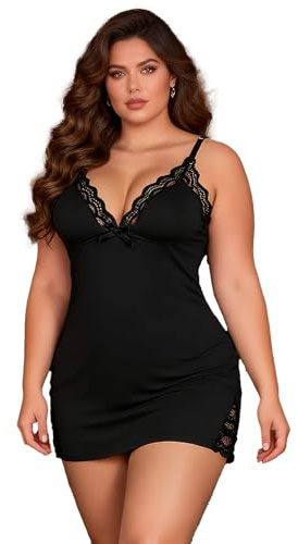 ohyeahlady Camicia da Notte Donna Modal Maniche Corte Sottoveste Morbida e Confortevole Babydoll Mini Abito Elegante Vestaglia Lace Intima da Notte Pigiami Corto Lingerie Curvy Nero,XXL