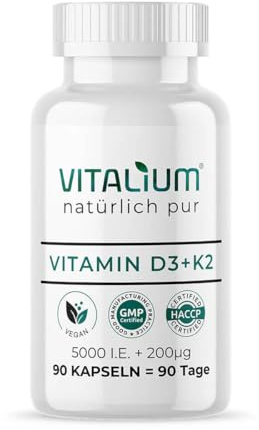 Vitamin D3 + K2 Depot – 90 Kapseln – Premium-Qualität: D3V + K2VITAL® von Kappa – 99,7+% All-Trans K2-MK7 + 5000 IE Vitamin D3 – hochdosiert, ohne Zusätze – in Deutschland produziert & laborgeprüft