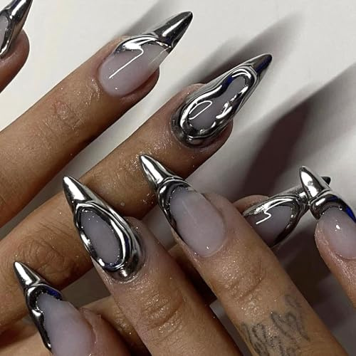 24Pcs Press on Nails Mittel Mandel, Silber Französisch Nägel zum Aufkleben, Full Cover Acryl Kunstnägel Selbstklebende, Soft Gel Künstliche Fingernägel, Stiletto Fake Nails für Frauen Nagelkunst