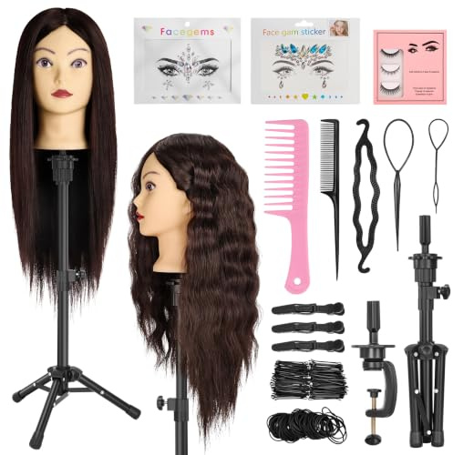Yekavo Friseurkopf mit Stativ, Trainingsköpfe mit 90% Echthaar 58CM, Schaufensterpuppe zum Frisieren, für Kosmetikschulungen & Haarstyling, Stylingkopf mit Tischklemme