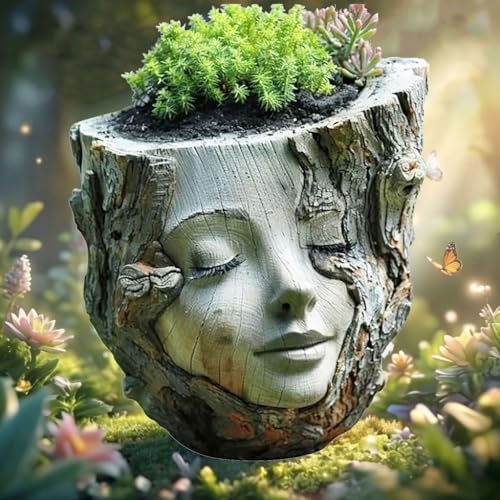 Sculptures en résine, pot de fleurs, souche d'arbre enchanteresse en résine, décoration de pot de jardin, statue pour intérieur/extérieur, 13 x 13 x 12,5 cm