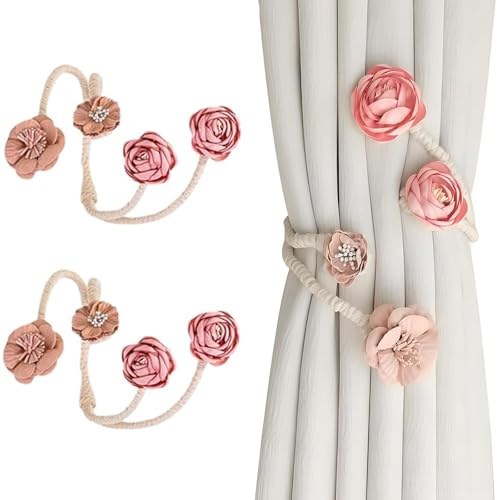 JK Home 2Pcs Embrasses de Rideaux Flexibles Fleur Rose | Attache Rideaux Boucle Rideau avec Fleur Torsadé Décoration pour Salon Chambre