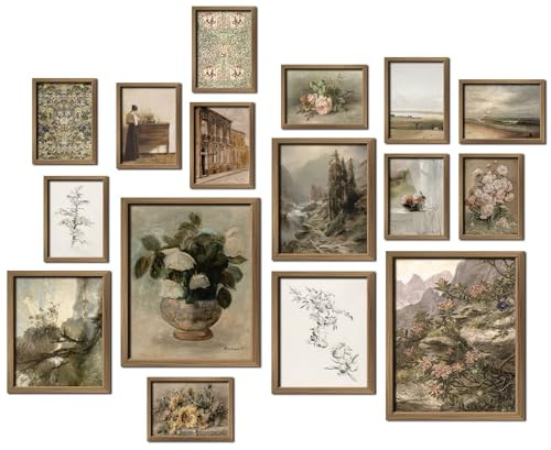 16 PCS Framed Vintage Wall Art Decor, Farmhouse Wall Prints for Bedroom, Gallery Wall Frame Set, Rustic Posters for Living Room Aesthetic, Wall Collage Kit Pictures, Cottagecore Dorm Home Decor