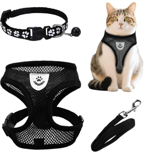 MOTIBACK Schwarz Katzengeschirr mit Leine Ausbruchsicher | Adjustables Katzengeschirr mit Katzenleine für Spaziergänge, Weiches Atmungsaktiv Kitten-Geschirr mit Glöckchen (S)