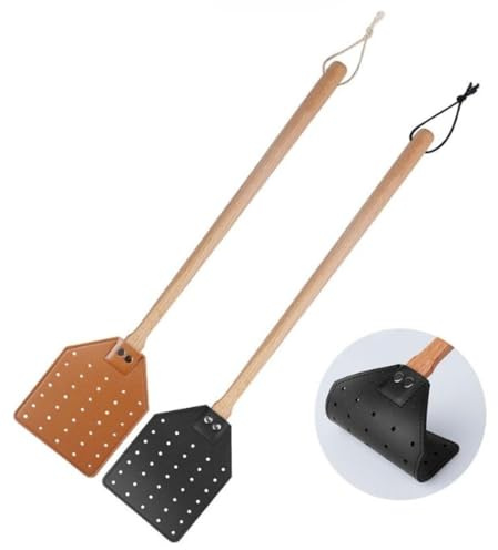 Genérico 2uds Matamoscas de Cuero, 49,5cm de Largo Resistente Matamoscas Manual con Mango de Madera Atrapamoscas para Interior y Exterior