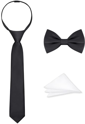 Amazingkitty 3-Piece Boys Tie Set Pre-Tied Bow Tie, Black, 38cm | Includes Boys Bow Tie, Adjustable Zipper Necktie, Pocket Square, For Wedding, Graduation, Prom, Concert & Special Events