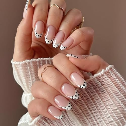 Press on Nails French Tip Nude - French Tip with Wave Point Medium Almond Fake Nails - Full Cover Stick on Nails Acrylic Easy DIY Nail Art Set - Fake Nails for Women