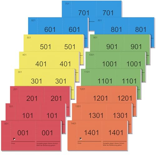 Nezyo 15 Büche 1-1500 Abrisse Doppelnummernblock Garderobenmarken Essensmarken Lose Großpackung Nummernblöcke für Ausstellung Events Essen Token Raffle Ticket für Party Verlosungen(Innovative Farben)