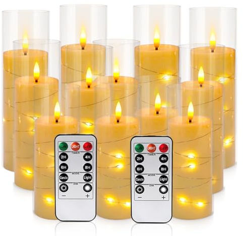 LIVEN Flickering Flameless Candles Battery Operated with Remote,Led Pillar Candles with Realistic Moving Wick Candles for Halloween,Christmas,Home Decor Pack of 12 (D2.2 xH 5 6 7)(White)