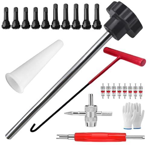 Calenxy Reifenventil Werkzeug Set, 24 Stück 4 in 1 Werkzeug Ventilkern Reparatur, Werkzeug Ventilschlüssel Ink. Vorbauabzieher, Hakenwerkzeug, Hilfswerkzeug und Handschuhe, für Auto LKW Motorrad