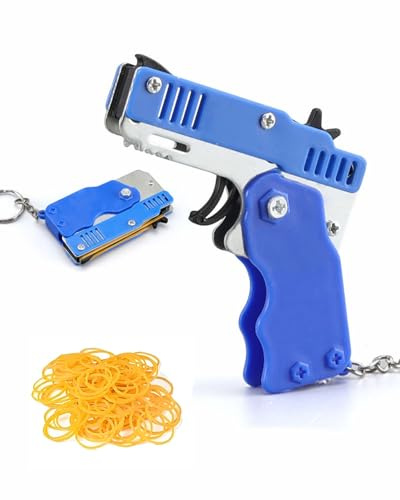 MenYiYDS 1 Stück Zusammenklappbare Mini-Metall-Gummiband-Pistole mit Schlüsselanhänger und 60+ Gummibändern,Gummiband-Pistole Mini-Schlüsselanhänger für Schießspiele Kinder Outdoor-Aktivitäten(Blau)