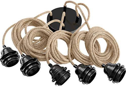 Hoopzi Hang Pendelleuchte, 5-flammig, 3,5 m Textilkabel | E27-Bakelitfassung, Stahlbaldachin, DCL-kompatibel, für Schlafzimmer, Wohnzimmer und Küche, Farbe: Seil und Schwarz