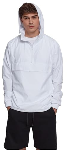 Urban Classics Vindjacka för män, överdragsjacka med huva och bröstficka, enfärgad övergångsjacka finns i många färger, pull-over-jacka, storlek XS till 5XL, Vit, XXL
