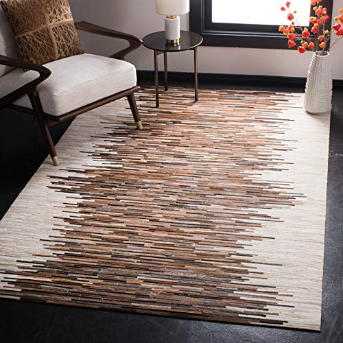 SAFAVIEH Studio Leather Collection 5' x 8' Ivory / Brown STL814A Handmade Mid-Century Modern Leather Area Rug