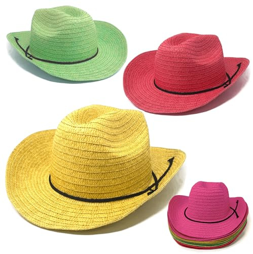 Podzly Straw Cowboy Hats 12 Pack – 24 Circumference Western Style for Men & Women – Bulk Cowboy Hats for Parties, Concerts, Birthdays & Events – Cowgirl Hats & Themed Accessories – Multicolored